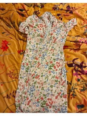 Reformation Wrap Dress Floral Pink Base with Green, Pink, and Blue